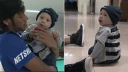 Neymar brinca com o filho, o pequeno Davi Lucca, antes do jogo do Santos diante do Bolívar - Reprodução/Santos TV