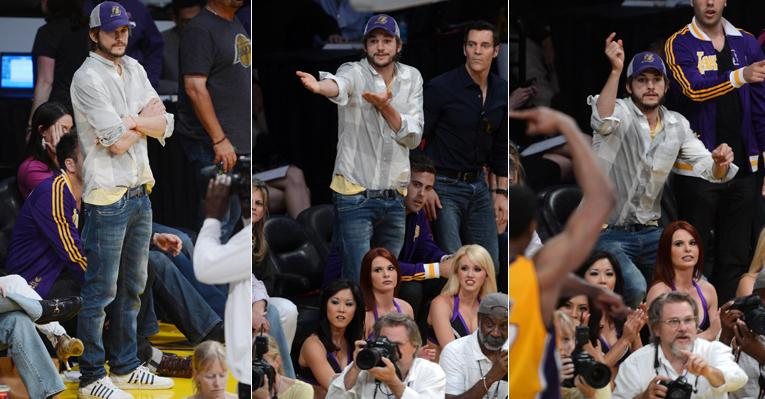 Ator Ashton Kutcher vibra em jogo dos Lakers em Los Angeles - Reprodução/Grosby Group