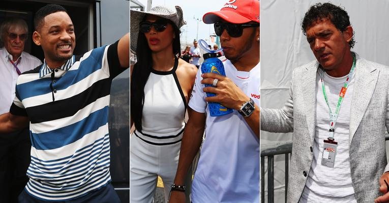 Will Smith, Nicole Scherzinger, namorada do piloto Lewis Hamilton, e Antonio Banderas na Formula 1 - Getty Images