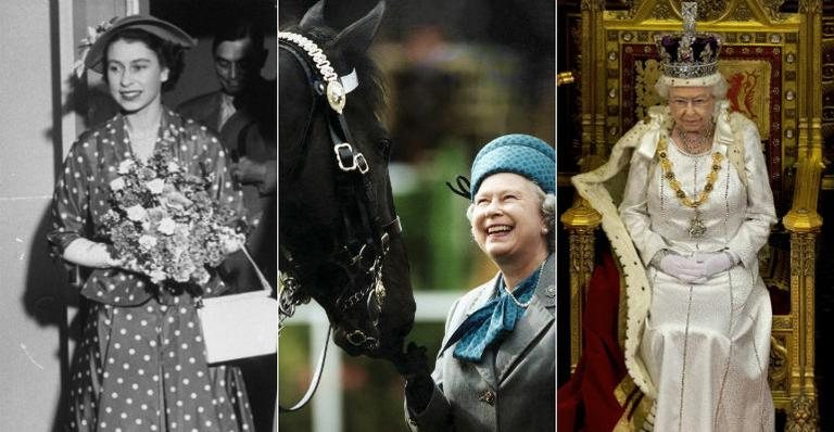 Rainha Elizabeth em 1952, na década de 1990 com um cavalo - uma de suas maiores paixões -, e em seu trono, com a coroa - Getty Images