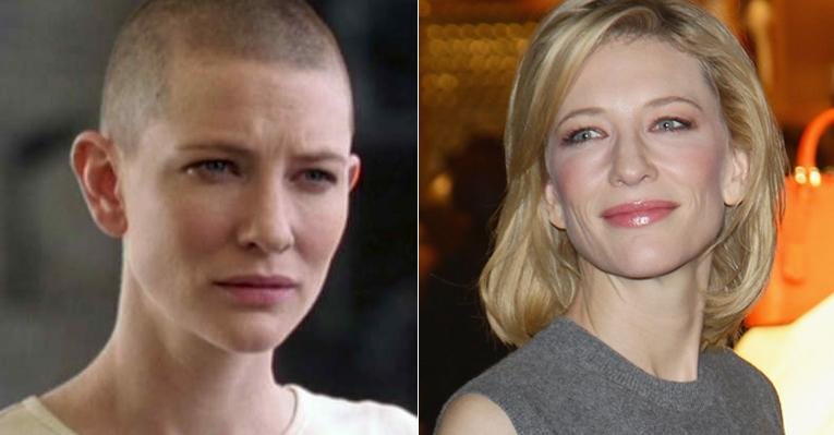 Cate Blanchett careca em 2002 para o filme 'Paraíso' e atualmente, com suas madeixas loiras - Divulgação; Getty Images