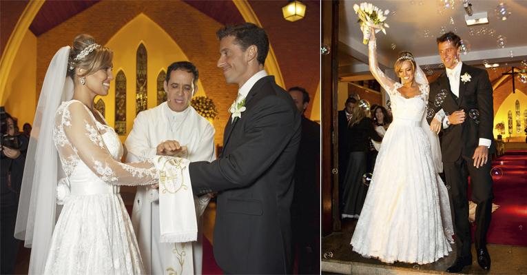 O reverendo Aldo Quintão abençoa a união de Karyn e André. Já casados, Karyn e André deixam a igreja ao som de Viva La Vida. - Vagner Campos