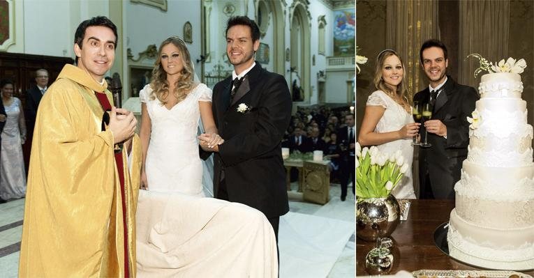 O padre Fábio realiza o casamento de Vivian e Vinicius, seus amigos, na Catedral de Taubaté, em SP. Na festa, os noivos erguem brinde à união. - Samuel Chaves