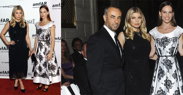 A cantora e a atriz são destaque no red carpet da Inspiration Gala da amfAR. Laureada na noite, Fergie celebra com o estilista mineiro radicado nos EUA Francisco Costa e Hilary. - Jamie McCarthy