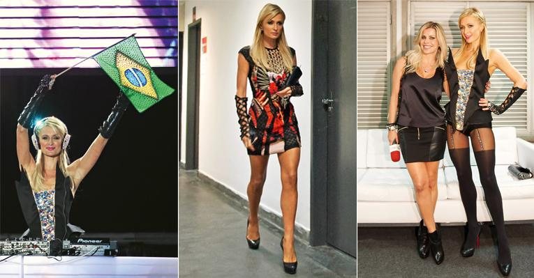 No camarim, a socialite e DJ conversa com a apresentadora. De minivestido, ela circula pelo evento momentos antes de subir ao palco com a bandeira do Brasil.