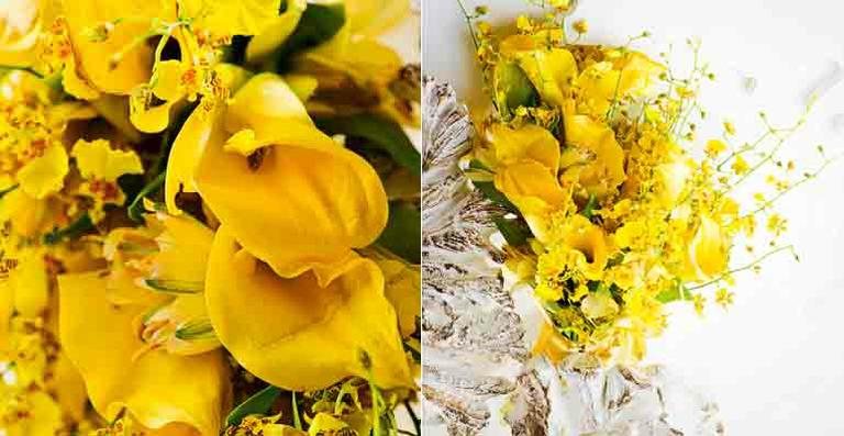 Buquê de callas amarelas, orquídeas chuva-de-ouro e alstroemérias Leonor Flores, 11 3571-2331
(leonorflores.com.br) - Fotos: Martin Gurfein; Direção de cena: Carlos Henrique Duarte