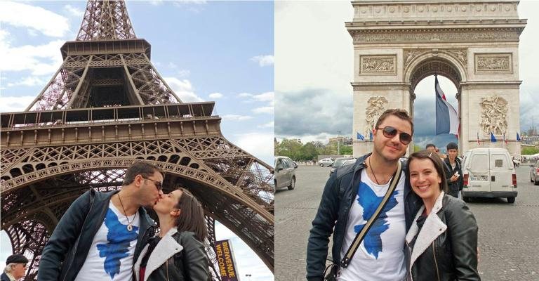 O cantor e a jornalista trocam carinhos diante da Torre Eiffel, na capital da França. Pai de Marco,
o casal aprecia o Arco do Triunfo, ao fim da histórica avenida Champs-Elysées. - -