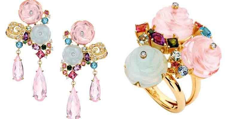 Brincos com clips de ouro amarelo, diamante branco, quartzo rosa, ametista, topázio azul, água-marinha,
berilo verde e turmalinas rosa e verdes Brumani 11 3088-2725 (brumani.com.br); Anel de ouro amarelo
com diamantes, ametista, quartzo rosa, topázio - Divulgação