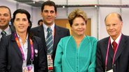 Dilma Rousseff com os comentarista Paula (ex-jogadora de basquete) e Maurício Lima (ex-jogador de vôlei) e o presidente da Record, Edir Macedo - Mauricio Storelli/ Record