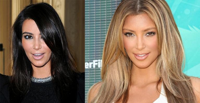 Kim Kardashian retoma a experiência de ser loira e faz mistério. Primeira experiência (foto à direita) foi em 2008 - Getty Images