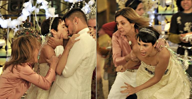 Carminha (Adriana Esteves) invade o casamento de Nina (Débora Falabella) e Jorginho (Cauã Reymond) - TV Globo / Renato Rocha Miranda