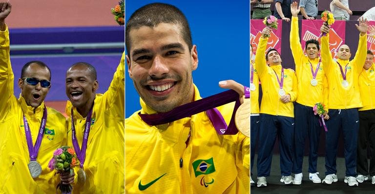 O corredor Lucas Prado com seu guia, o nadador Daniel Dias e a equipe de goalball - Fernando Maia, Buda Mendes e Guilherme Taboadal/CPB