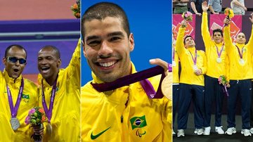 O corredor Lucas Prado com seu guia, o nadador Daniel Dias e a equipe de goalball - Fernando Maia, Buda Mendes e Guilherme Taboadal/CPB