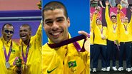 O corredor Lucas Prado com seu guia, o nadador Daniel Dias e a equipe de goalball - Fernando Maia, Buda Mendes e Guilherme Taboadal/CPB