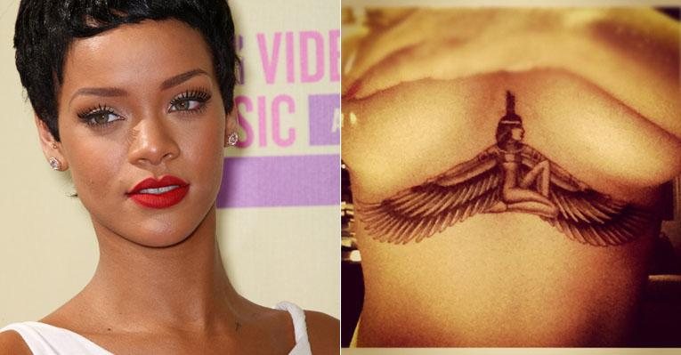 Rihanna tatua deusa egípcia no peito - Montagem