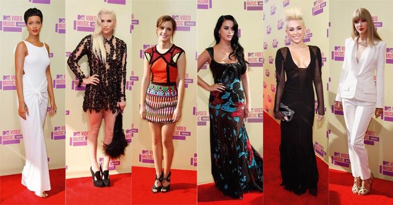 Rihanna, de Adam Selman. Ke$ha, de Zaldy. Emma Watson, de Peter Pilotto.  Katy Perry, de Elie Saab Couture. Miley Cyrus, de Emilio Pucci. Taylor Swift, de J. Mendel - Reuters