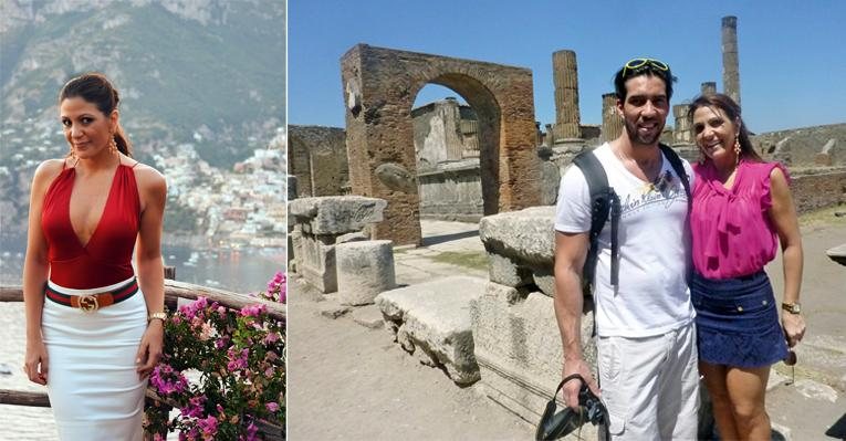 Charme de Leka no terraço do hotel de Positano, Itália. A atriz e o amado, Thiago Lobo, com quem é casada há 3 anos e tem Gabriel e Giovanna, admiram as míticas ruínas de Pompeia. - -