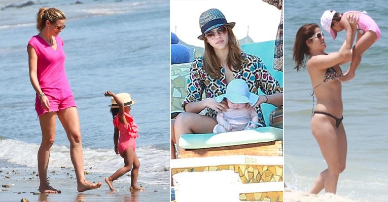 Heidi Klum, Jessica Alba e Samara Felippo se divertem na praia com os filhos bem protegidos contra os raios do sol - Foto-montagem