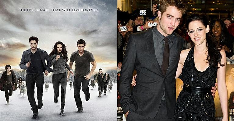 O pôster do último filme da 'Saga Crepúsculo' e o casal Robert Pattinson e Kristen Stewart - Divulgação e Getty Images