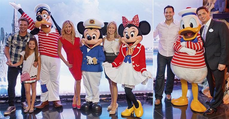 Cássio, Júlia, Suzy e Maria Cecilia abraçam Pateta, Mickey e Minnie em hotel de SP. O Pato
Donald é ladeado por Jonathan e Cavallini. - Gabriel Chiarastelli