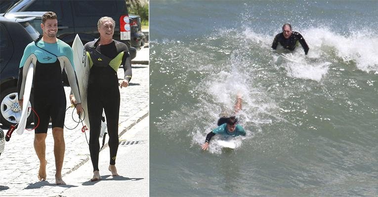 Apaixonados pelo surfe, o ator de Avenida Brasil e seu pai, José Marques, chegam à praia da
Macumba, no Rio, prontos para surfar. Abaixo, os dois dividem a mesma onda. - Dilson Silva