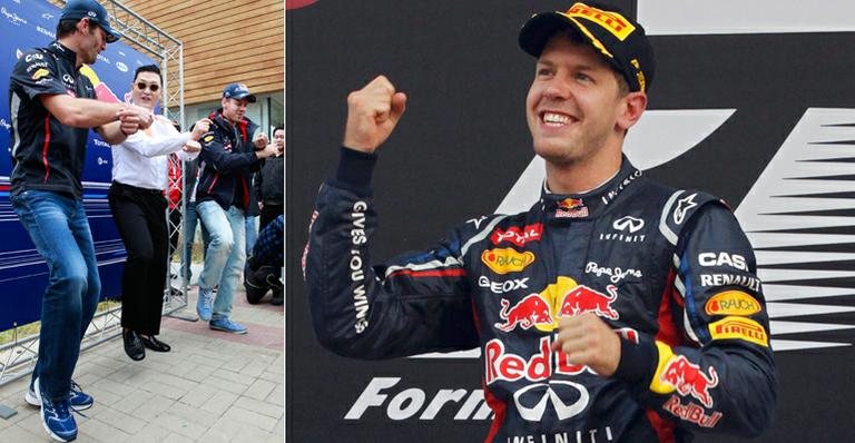 Sebastians Vettel e o colega de equipe Mark Webber dançam o hit 'Gangnam Style' com o rapper Psy; Sebastian Vettel no pódio - Reuters