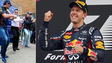 Sebastians Vettel e o colega de equipe Mark Webber dançam o hit 'Gangnam Style' com o rapper Psy; Sebastian Vettel no pódio - Reuters