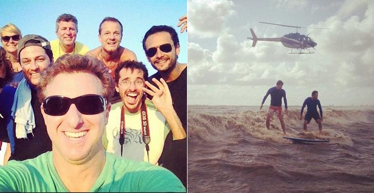 Luciano Huck grava matéria com Marcelo Serrado e Rodrigo Santoro surfando em pororoca - Reprodução / Instagram