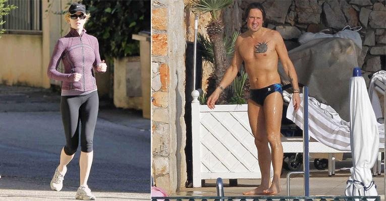 Em Saint Jean Cap Ferrat,na Côte d’Azur, a estrela se exercita durante folga das filmagens do longa Grace of Monaco. O eleito da atriz, o cantor country Keith Urban, curte a piscina do hotel. - The Grosby Group