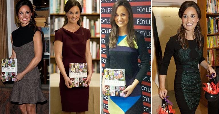 Pippa Middleton usou quatro vestidos diferentes no lançamento de seu livro, em Londres - Foto-montagem