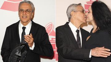 Caetano Veloso dá selinho em Sonia Braga na homenagem feita a ele no evento que antecede o Grammy Latino 2012 - Getty Images/Grosby Group