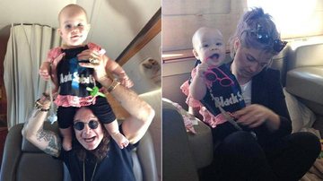 Vestindo blusa do Black Sabbath, Pearl aparece com o avô Ozzy e com a tia Kelly em viagem de família - Reprodução / Blog Lisa Osbourne