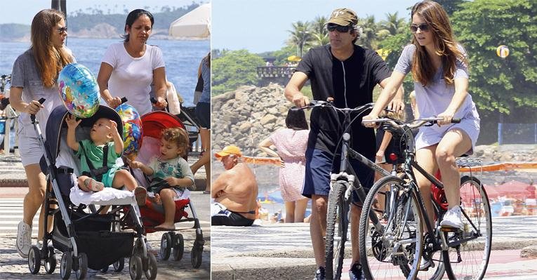 No calçadão do Leblon, Rio,Claudia empurra o carrinho com Pedro Henrique enquanto a babá leva José Joaquim. O passeio de bicicleta com o marido, - J. Humberto