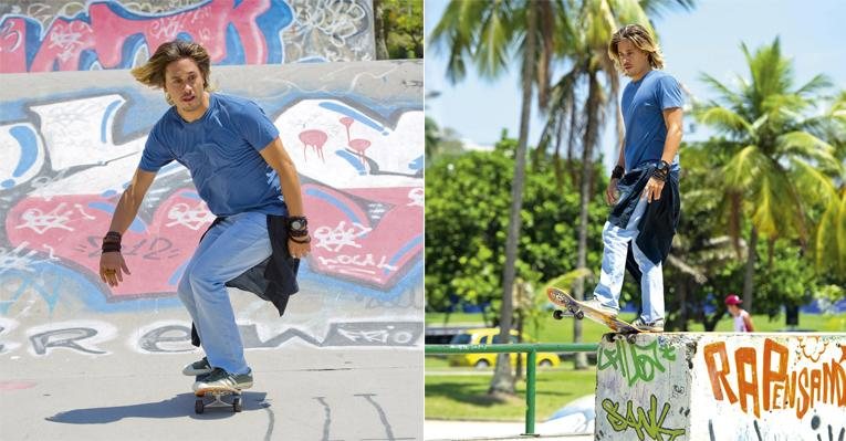 Na pista de skate do Aterro do Flamengo, Rio, o jovem e belo ator mostra habilidade no esporte.
Empolgado, ele conta que se entrega totalmente quando gosta de algo. - Cadu Pilotto