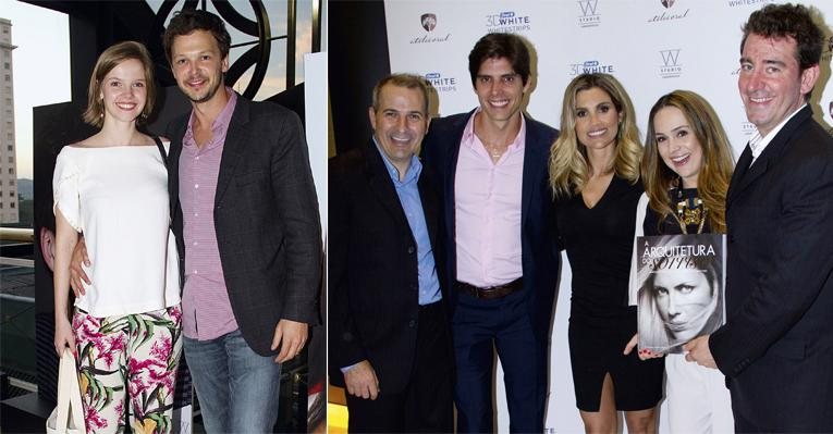 Em SP, Bianca e Guilherme,“grávidos” de quatro meses de Sebastian, prestigiam lançamento de livro. As
atrizes Flávia e Gabriela entre os dentistas Marcelo, Calicchio e Kyrillos. - -