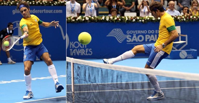 Roger Federer usa o uniforme da Seleção Brasileira de Futebol e faz embaixadinhas em seu último jogo no Brasil - Gaspar Nobrega/Inovafoto