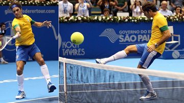 Roger Federer usa o uniforme da Seleção Brasileira de Futebol e faz embaixadinhas em seu último jogo no Brasil - Gaspar Nobrega/Inovafoto