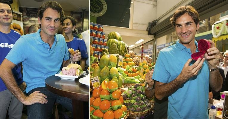 Federer se encanta com a variedade de frutas de uma das bancas. Ele também saboreia um
sanduíche de mortadela e bolinho de bacalhau. - Caio Guimarães