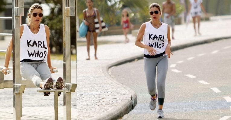 Na praia da Barra, Rio,a atriz de Salve Jorge corre no calçadão e faz força na barra usando
uma camiseta que brinca com o sobrenome do estilista Karl Lagerfeld. - Marcos Ferreira