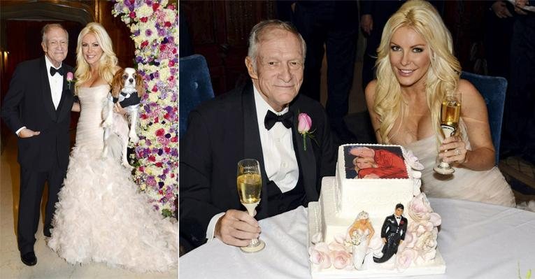 Após dois anos de namoro,o fundador da mais famosa revista masculina do mundo sobe ao altar com Crystal
Harris ao lado do seu pet Charlie, em traje de gala. O par brinda ao lado do bolo. - Reuters