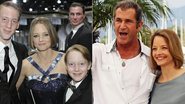 Jodie Foster com os filhos, Charles e Kit, no Globo de Ouro; ao lado de Mel Gibson em Cannes, em 2011 - Reprodução NBC / Getty Images