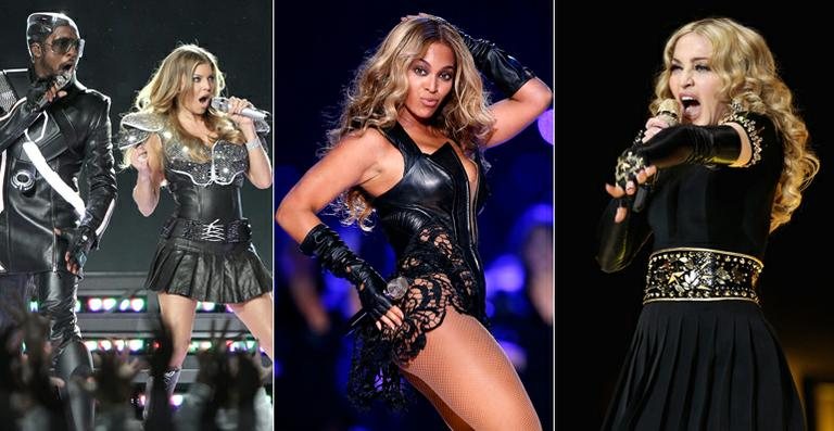 Os três últimos shows do intervalo do Super Bowl: Black Eyed Peas (2011), Beyoncé (2013) e Madonna (2012) - Getty Images