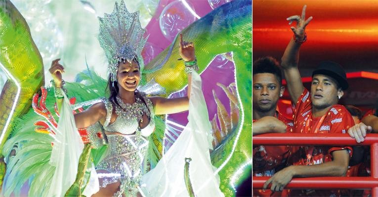 Representando a natureza com fantasia iluminada, a atriz brilha no desfile da Grande Rio. Ao lado do colega de time André, em camarote, Neymar assiste à passagem de Bruna e confessa que namorar é muito bom. - Andre Durão