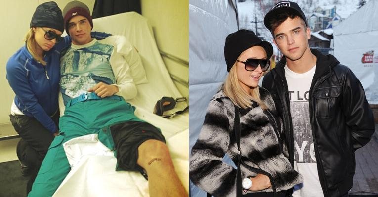 Paris Hilton passa o seu aniversário com o namorado no hospital após o modelo sofrer um ferimento na perna enquanto esquiava - Fotomontagem