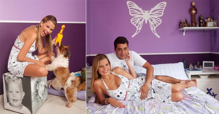 A atriz e veterinária ganha carinho na barriga de 5 meses do noivo, Leandro Amieiro, em casa. Do pufe com suas fotos, brinca com a shih tzu Cacau. - Selmy Yassuda