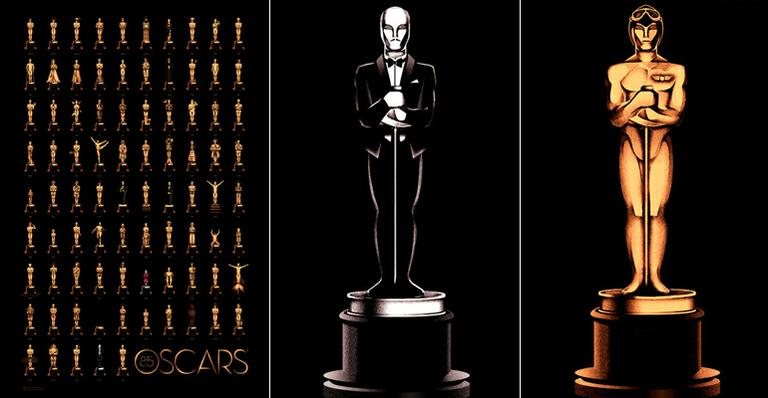 O pôster do Oscar 2013 e as estatuetas estilizadas de 'O Artista', vencedor do prêmio de Melhor Filme em 2012, e de 'Asas', premiado na primeira edição da cerimônia, em 1929 - Reprodução/Oscar.com