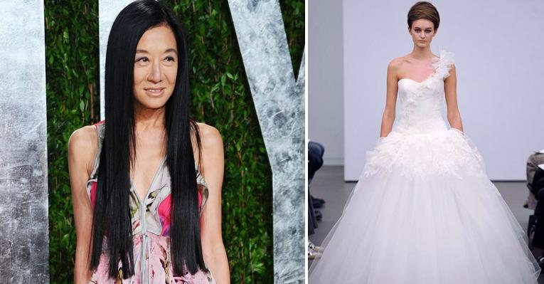 A estilista Vera Wang e um dos vestidos de noiva de sua coleção atual - Foto-Montagem