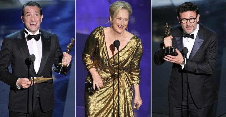 Jean Dujardin, Meryl Streep e Michel Hazanavicius, vencedores do Oscar 2012 de Melhor Ator, Atriz e Diretor, respectivamente - Getty Images