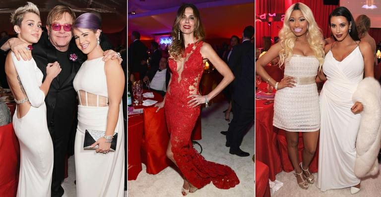 Miley Cyrus e Kelly Osbourne com o anfitrião Elton John; Luciana Gimenez em seu impecável look vermelho; Nicki Minaj e Kim Kardashian - Getty Images