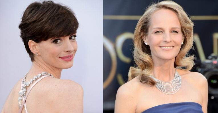 Juntas, as atrizes Anne Hathaway e Helen Hunt usaram nada menos que R$ 2,9 milhões em joias - Foto-Montagem/ Getty Images